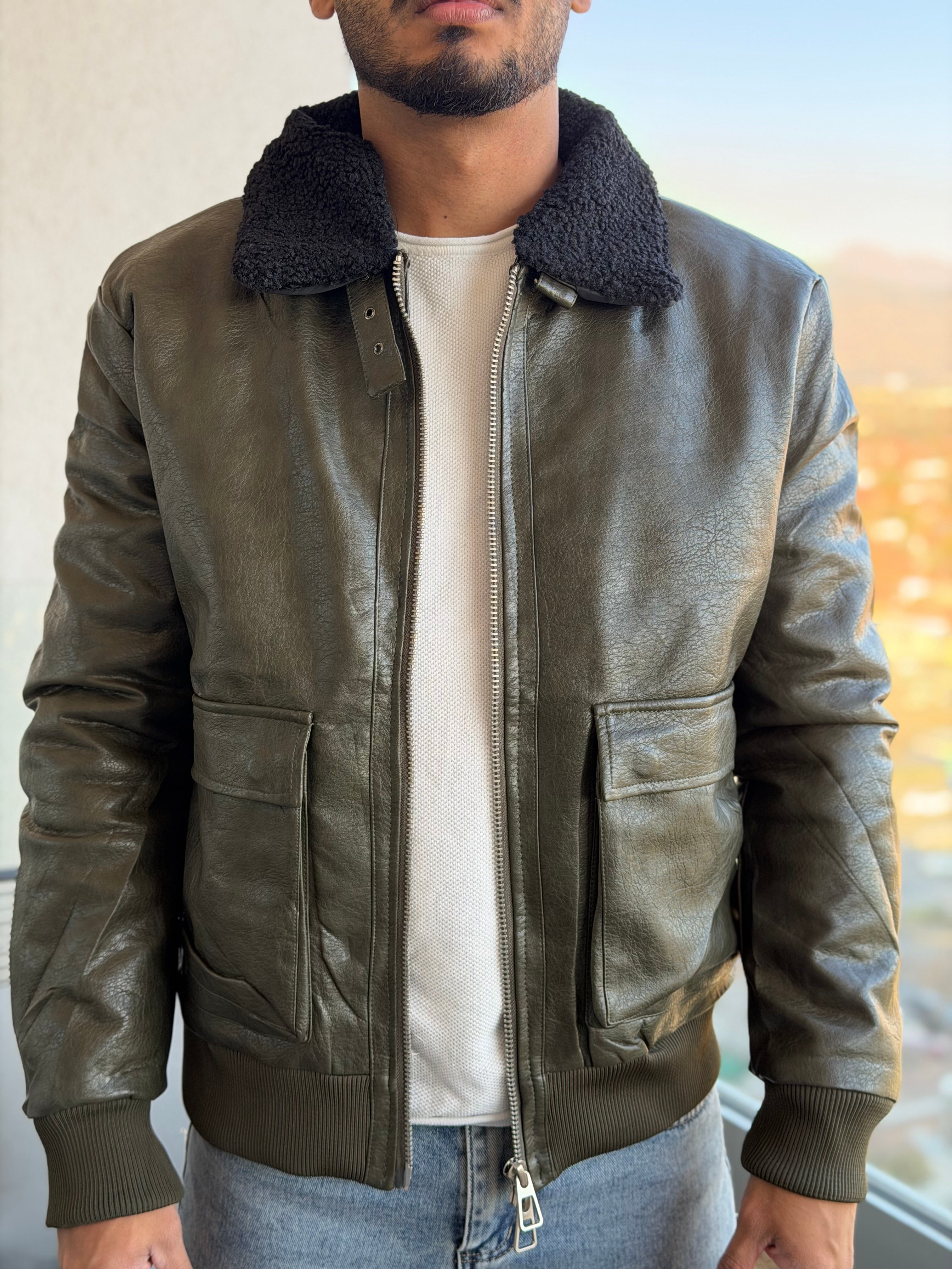 Chaqueta Aviadora Eco Cuero - Verde Oliva